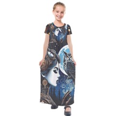 Steampunk Woman With Owl 2 Steampunk Woman With Owl Woman With Owl Strap Kids  Short Sleeve Maxi Dress by CKArtCreations