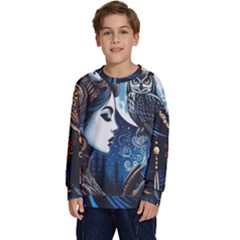 Steampunk Woman With Owl 2 Steampunk Woman With Owl Woman With Owl Strap Kids  Crewneck Sweatshirt