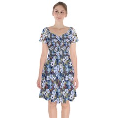 Blue Flowers Dark Blue Flowers Short Sleeve Bardot Dress by DinkovaArt