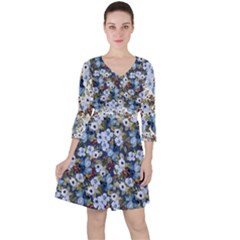 Blue Flowers Dark Blue Flowers Quarter Sleeve Ruffle Waist Dress by DinkovaArt