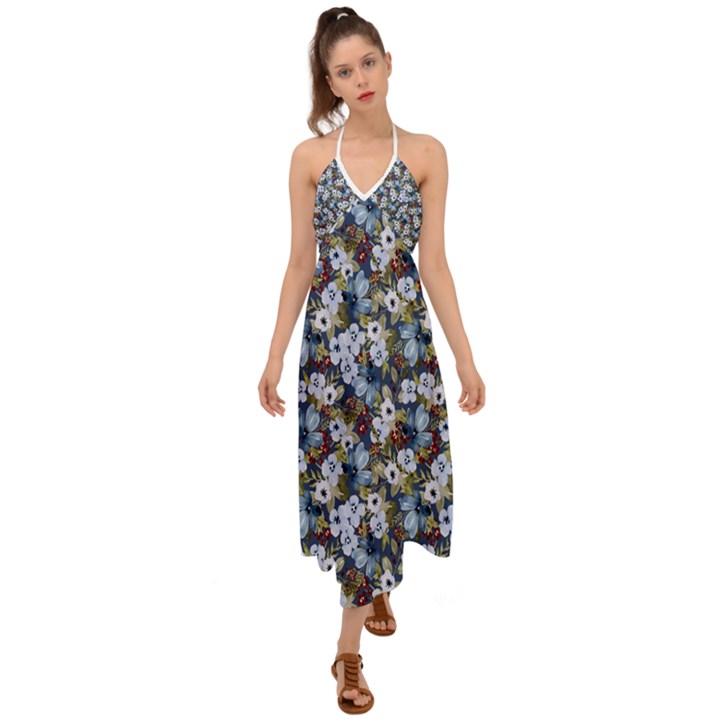 Blue Flowers Dark Blue Flowers Halter Tie Back Dress 