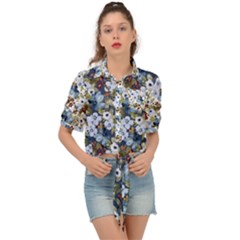 Blue Flowers Dark Blue Flowers Tie Front Shirt  by DinkovaArt