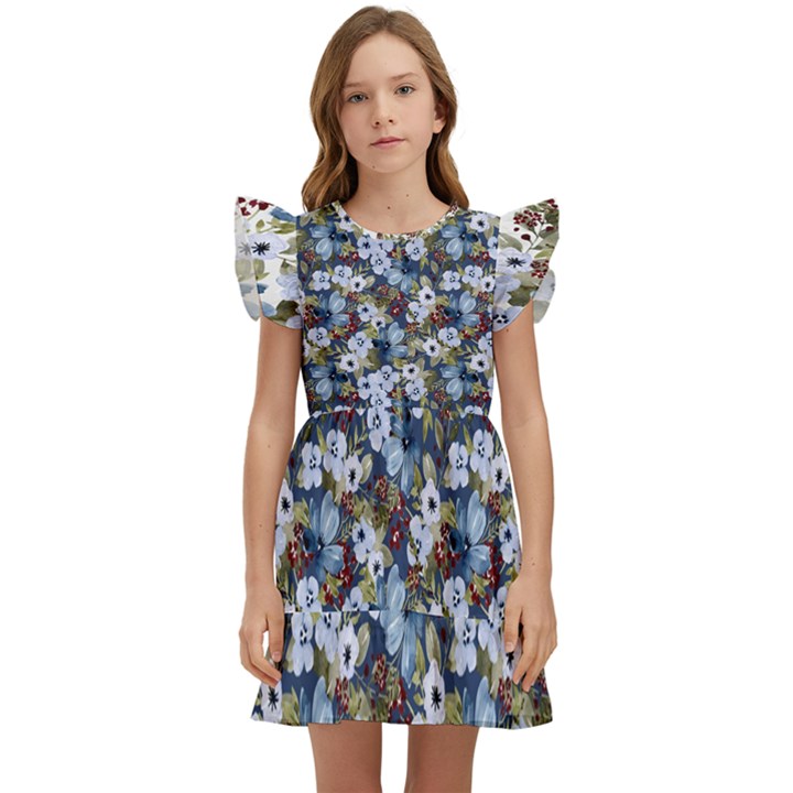 Blue Flowers Dark Blue Flowers Kids  Winged Sleeve Dress