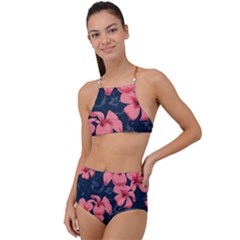 5902244 Pink Blue Illustrated Pattern Flowers Square Pillow Halter Tankini Set