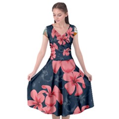 5902244 Pink Blue Illustrated Pattern Flowers Square Pillow Cap Sleeve Wrap Front Dress