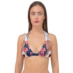 5902244 Pink Blue Illustrated Pattern Flowers Square Pillow Double Strap Halter Bikini Top