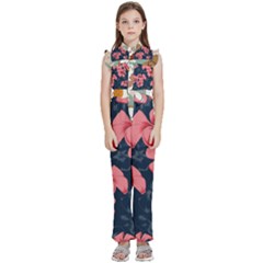 5902244 Pink Blue Illustrated Pattern Flowers Square Pillow Kids  Sleeveless Ruffle Edge Band Collar Chiffon One Piece