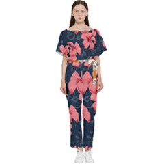 5902244 Pink Blue Illustrated Pattern Flowers Square Pillow Batwing Lightweight Chiffon Jumpsuit