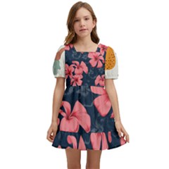 5902244 Pink Blue Illustrated Pattern Flowers Square Pillow Kids  Short Sleeve Dolly Dress