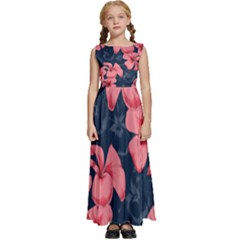 5902244 Pink Blue Illustrated Pattern Flowers Square Pillow Kids  Satin Sleeveless Maxi Dress by BlackRoseStore