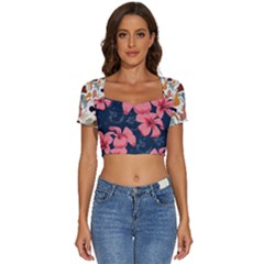 5902244 Pink Blue Illustrated Pattern Flowers Square Pillow Short Sleeve Square Neckline Crop Top 