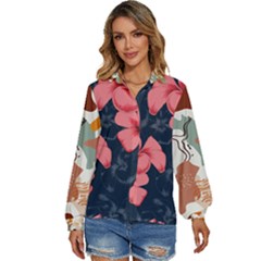 5902244 Pink Blue Illustrated Pattern Flowers Square Pillow Women s Long Sleeve Button Up Shirt