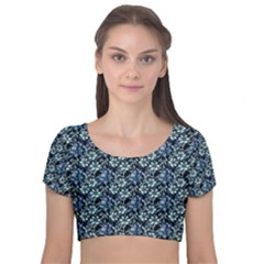 Blue Flowers 001 Velvet Short Sleeve Crop Top  by DinkovaArt