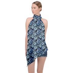 Blue Flowers 001 Halter Asymmetric Satin Top by DinkovaArt