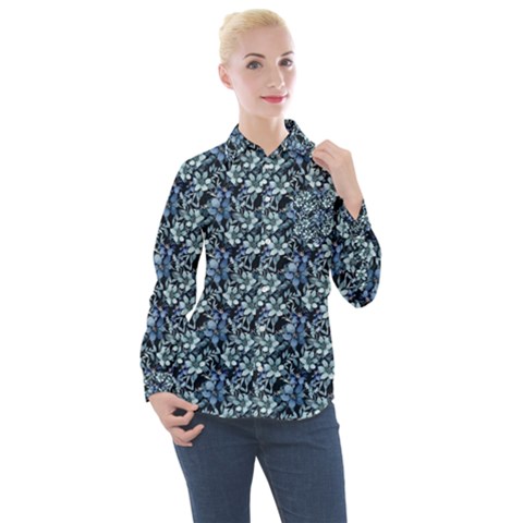 Blue Flowers 001 Women s Long Sleeve Pocket Shirt by DinkovaArt