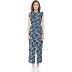 Blue Flowers 001 Women s Frill Top Chiffon Jumpsuit