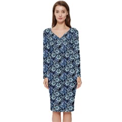 Blue Flowers 001 Long Sleeve V-neck Bodycon Dress  by DinkovaArt