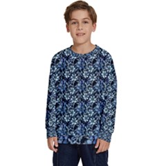 Blue Flowers 001 Kids  Crewneck Sweatshirt by DinkovaArt