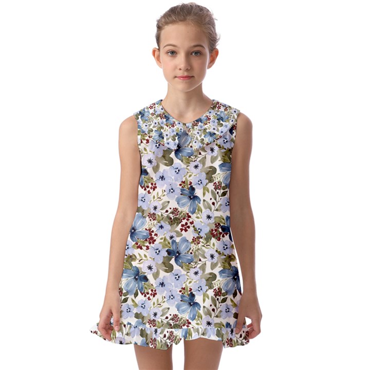 Blue Flowers Kids  Pilgrim Collar Ruffle Hem Dress