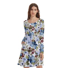 Blue Flowers Long Sleeve Knee Length Skater Dress With Pockets