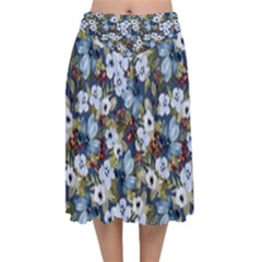 Blue Flowers 2 Velvet Flared Midi Skirt by DinkovaArt