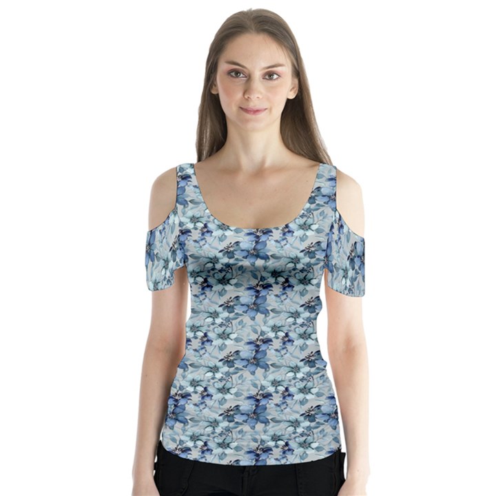 Blue Roses Butterfly Sleeve Cutout T-Shirt 