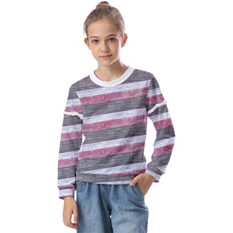 Vintage Vibrant Stripes Pattern Print Design Kids  Long Sleeve T-shirt With Frill  by dflcprintsclothing