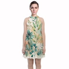 Flowers Spring Velvet Halter Neckline Dress 