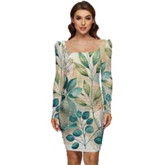 Flowers Spring Women Long Sleeve Ruched Stretch Jersey Dress