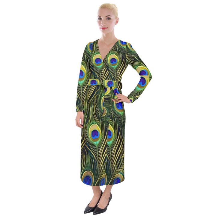 Peacock Pattern Velvet Maxi Wrap Dress