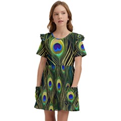 Peacock Pattern Kids  Frilly Sleeves Pocket Dress