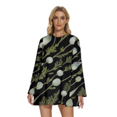 Sea Weed Salt Water Round Neck Long Sleeve Bohemian Style Chiffon Mini Dress