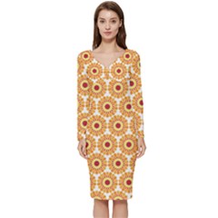 Pattern Shape Design Art Drawing Long Sleeve V-neck Bodycon Dress 