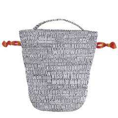 Kiss Me Before World War 3 Typographic Motif Pattern Drawstring Bucket Bag