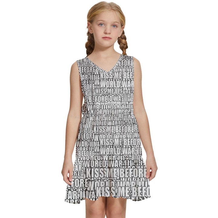 Kiss me before world war 3 typographic motif pattern Kids  Sleeveless Tiered Mini Dress