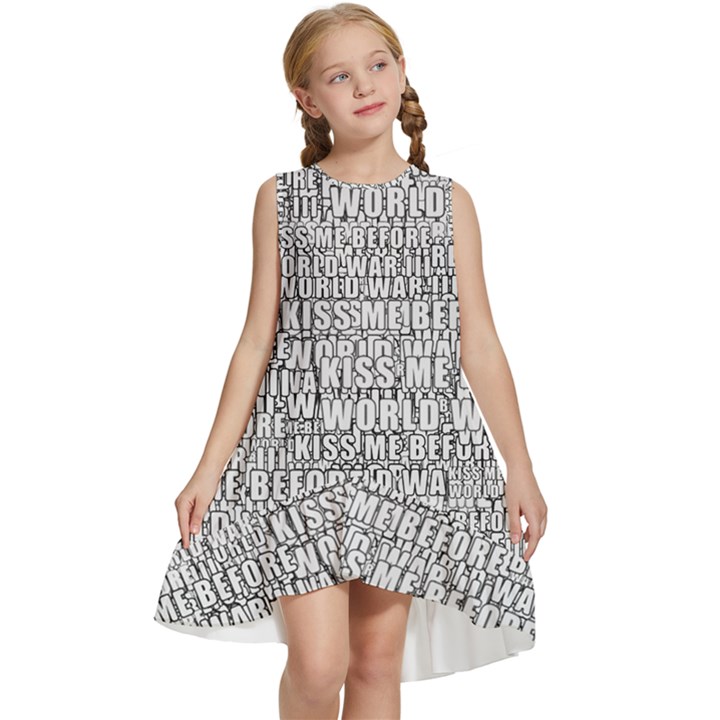 Kiss me before world war 3 typographic motif pattern Kids  Frill Swing Dress