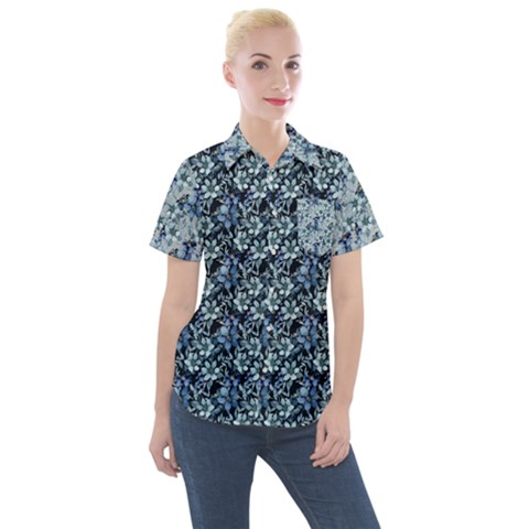 Blue Roses 1 Blue Roses 2 Women s Short Sleeve Pocket Shirt by DinkovaArt