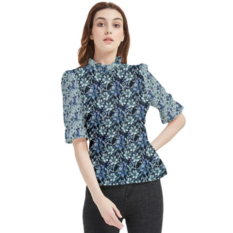 Blue Roses 1 Blue Roses 2 Frill Neck Blouse by DinkovaArt