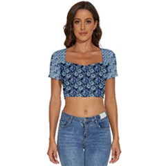 Blue Roses 1 Blue Roses 2 Short Sleeve Square Neckline Crop Top  by DinkovaArt