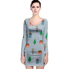 House Trees Pattern Background Long Sleeve Bodycon Dress