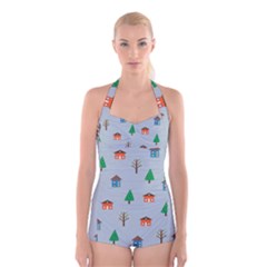 House Trees Pattern Background Boyleg Halter Swimsuit 