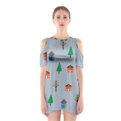 House Trees Pattern Background Shoulder Cutout One Piece Dress