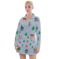 House Trees Pattern Background Women s Long Sleeve Casual Dress