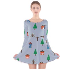 House Trees Pattern Background Long Sleeve Velvet Skater Dress