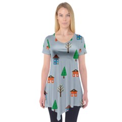 House Trees Pattern Background Short Sleeve Tunic 