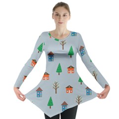 House Trees Pattern Background Long Sleeve Tunic 