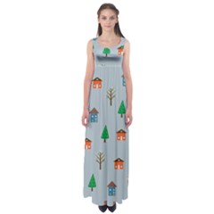 House Trees Pattern Background Empire Waist Maxi Dress