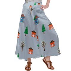 House Trees Pattern Background Women s Satin Palazzo Pants