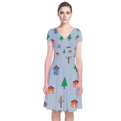 House Trees Pattern Background Short Sleeve Front Wrap Dress