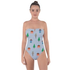 House Trees Pattern Background Tie Back One Piece Swimsuit